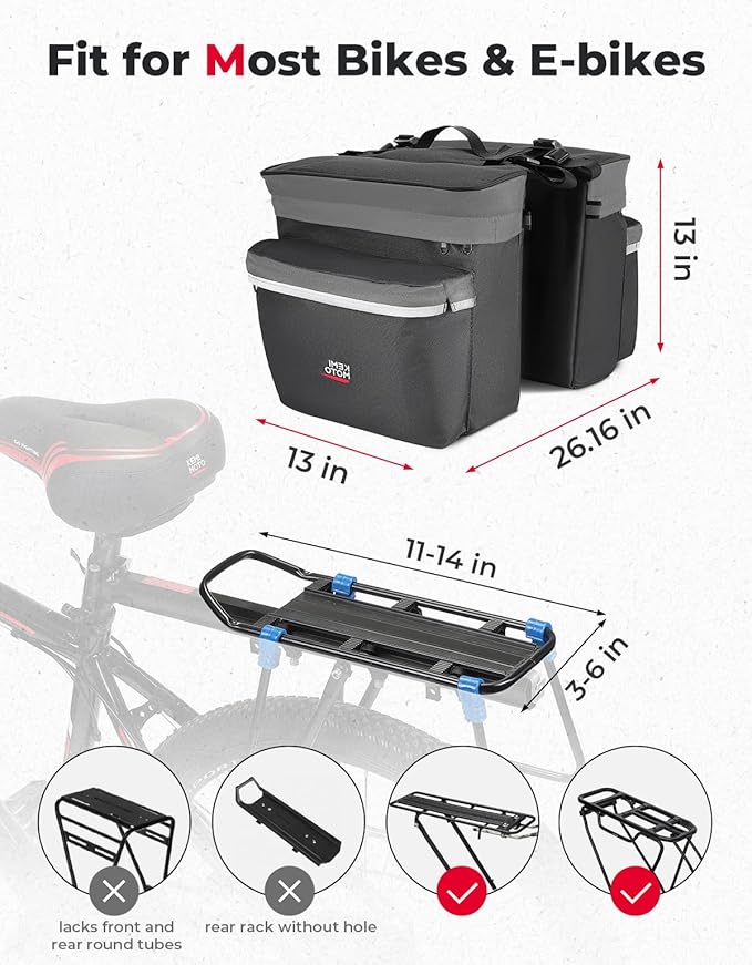 KEMIMOTO Bike Bag Panniers with Rain Cover, 34L Waterproof Bicycle Saddle Bag for Rear Rack Mountain Biking Bags Storage, Ebike Accessories for Commuter Grocery Shopping Travel Carrier, Grey-StrideForce Fitness