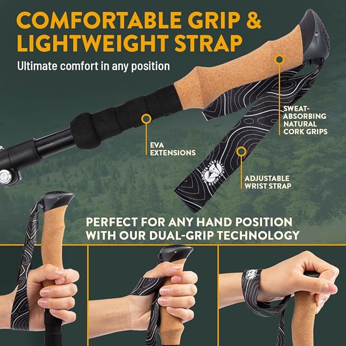 Premium Foldable Hiking Poles by USA Brand - Adjustable, Lightweight Trekking Poles Made of Aircraft Aluminum, Metal Flip Locks & Comfortable Real Cork and EVA Foam Grips-StrideForce Fitness