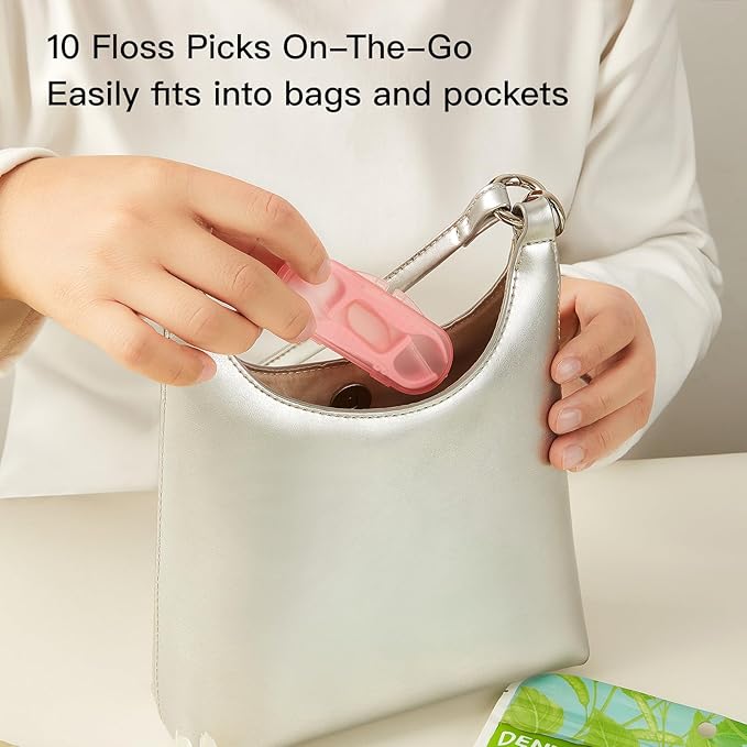 White Mint Dental Floss Picks, 2 Portable Travel Cases (10 Picks) 65 Refills, Double-Line Flossers for Tight Teeth, Fresh Breath, Plaque Removal, On-The-Go Oral Care