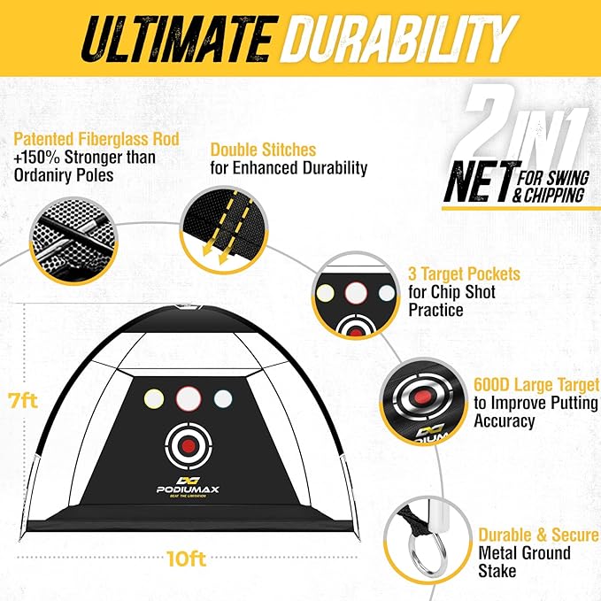 PodiuMax Golf Net, 10x7ft Golf Practice Net and Mat, Noise Reduce Target, 5 Balls, 4 Sandbags, Tee, Carry Bag, Hitting Nets for Backyard Garage, Indoor Driving Chiping, Gift for Men & Golfers-StrideForce Fitness