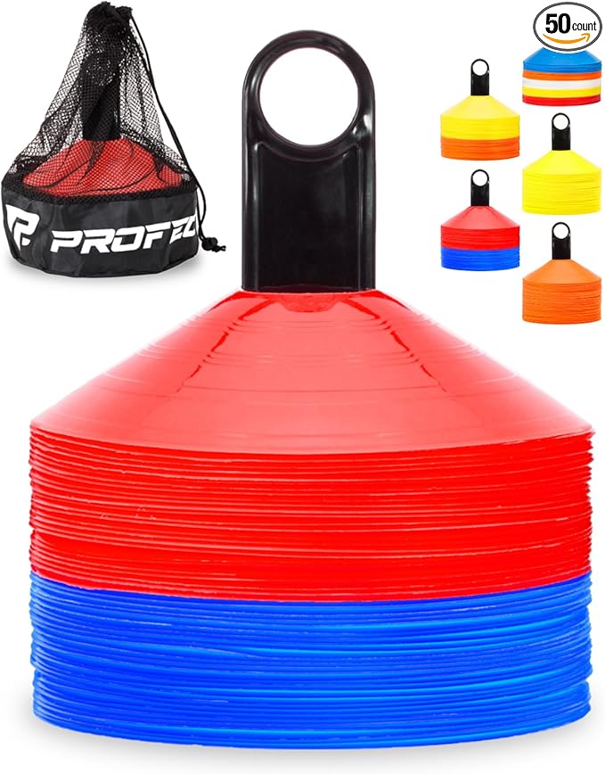 Pro Disc Cones (Set of 50) - Agility Soccer Cones with Carry Bag and Holder for Sports Training, Football, Basketball, Coaching, Practice Equipment, Kids - Includes 15 Best Cone Drills Book-StrideForce Fitness