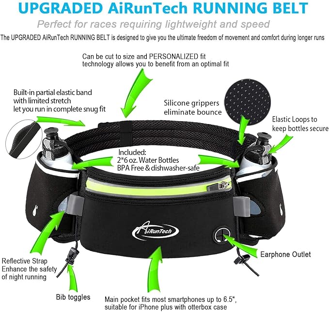 AiRunTech Hydration Running Belt with Water Bottle, Running Fanny Pack for Phone and Wallet Holder, Running Bag Runners Essentials Accessories Marathon Triathlon Walking Jogging Gear Gift-StrideForce Fitness