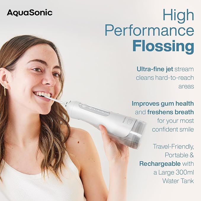 AquaSonic Aqua Flosser PRO - Rechargeable Cordless Water Flosser for Teeth, Gums & Tongue - Modern Design, 300ml Large Tank, 6 Jet Tips with Deluxe Tongue Nozzle, 3 Modes, Waterproof Optic White