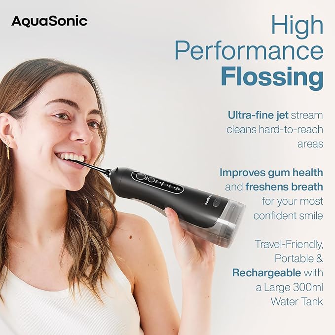 AquaSonic Aqua Flosser PRO - Rechargeable Cordless Water Flosser for Teeth, Gums & Tongue - Modern Design, 300ml Large Tank, 6 Jet Tips with Deluxe Tongue Nozzle, 3 Modes, Waterproof Black
