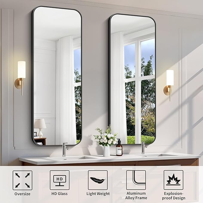 FORBATH Bathroom Mirror 20" x 55", Rectangle Black Bathroom Mirror with Black Aluminum Frame Rounded Corner, Wall Mounted Mirror for Bedroom Entryway Living Room-StrideForce Fitness