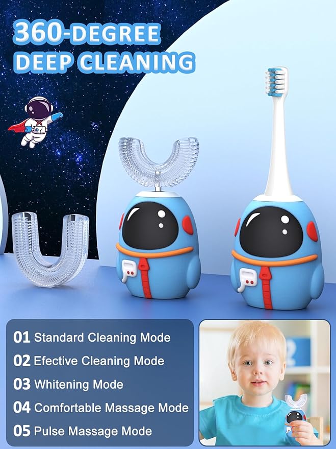 FTOYIN Kids Electric Toothbrush with 3 Brush Heads, U Shaped Ultrasonic Toothbrush Kids with 5 Modes, 45s Smart Reminder, 360-Degree Automatic Cleaning, IPX7 Waterproof Design