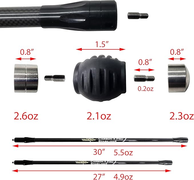 SAS Carbon X Pro Bow Stabilizer Main Bar for Compound Bows with Dampener and Weights Ultra Lightweight 27in 30in-StrideForce Fitness