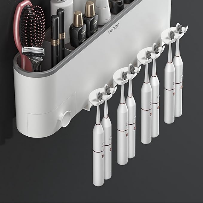 No-Drill Wall Mounted Toothbrush Holder, Bathroom Shelf, with 1 Automatic Toothpaste Dispenser 6 Brush Hooks Cups 1 Cosmetic Drawer Organizer and Large Storage (1 Dispenser + 3 Cups)