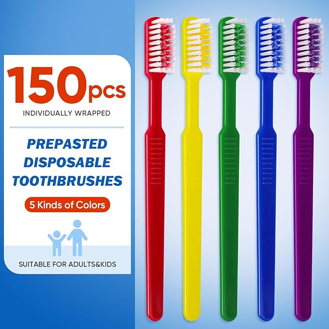 Navona 150 PCS Prepasted Disposable Toothbrushes with Toothpaste, Premium Bulk Toothbrushes Individually Wrapped, Single Use Bulk Toothbrush for Travel, Guests, Hotel, Camping