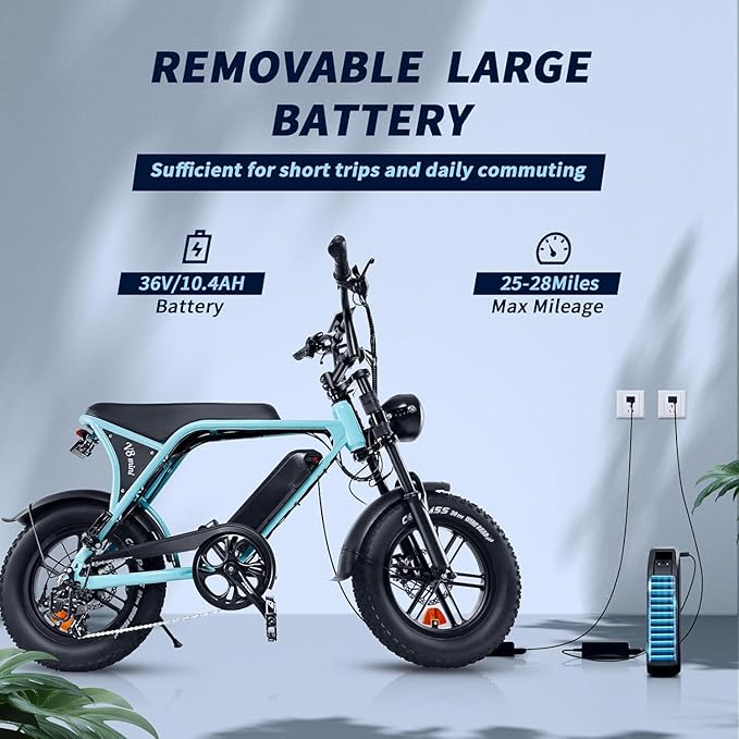 Electric Bike for Adults, Fat Tire EBike, 36V 10.4Ah Removable Battery, 500W Upgrade Motor, 20MPH Commuter Bike, V8 Mini Electric Bicycle for Mountains, Snow, Sand, Road-StrideForce Fitness