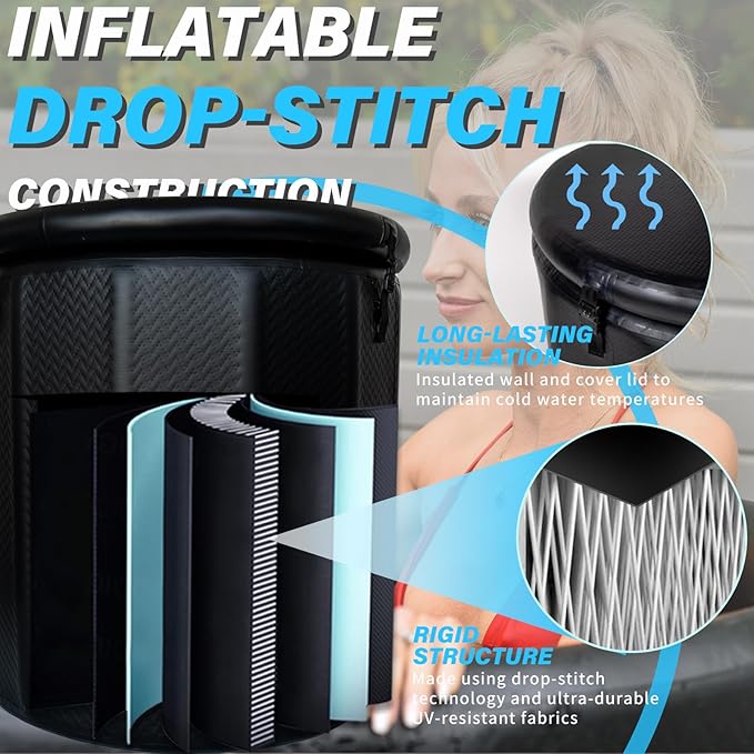 Inflatable Ice Bath Tub for Athletes - Cold Plunge Tub Compatible Water Chiller, Insulated Lid, EVA Groundsheet, Backpack, 130 Gallon, 39" L x 39" W x 35.4" H-StrideForce Fitness