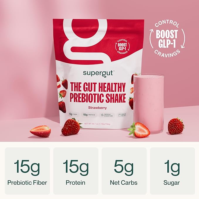 Supergut Prebiotic Shakes | Meal Replacement | Boost GLP-1 | High Protein and Fiber | No Added Sugar | Keto Food, Meal, Snack (Strawberry, 14 servings)-StrideForce Fitness