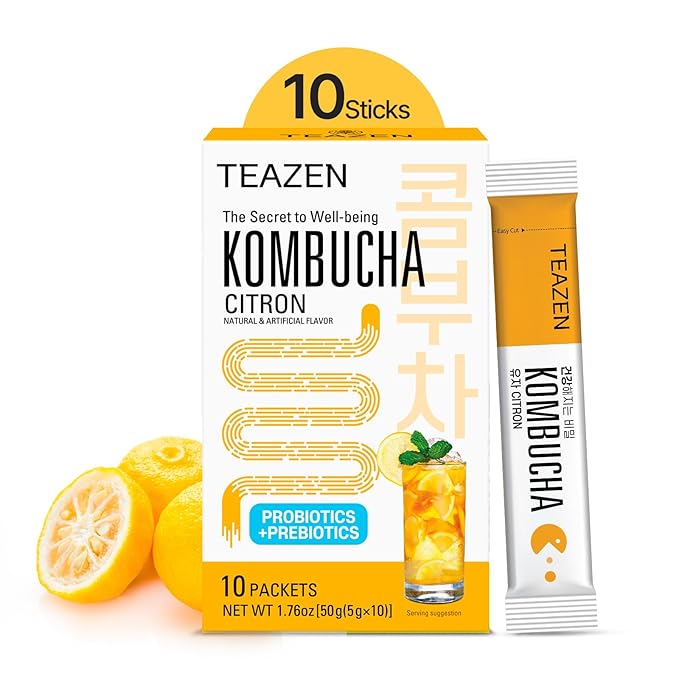 TEAZEN Citron Kombucha Tea, Hydration Drink Mix, Sugar Free, Live Probiotics & Prebiotics, 10 Sticks, 1.76oz-StrideForce Fitness