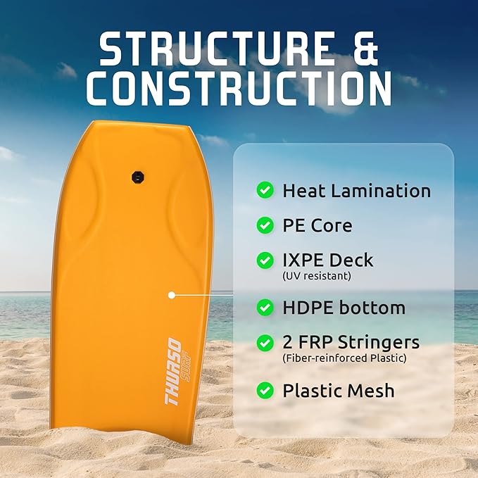 THURSO SURF 42'' Body Boards for Beach Pool Lightweight PE Core IXPE Deck HDPE Bottom FRP Stringers High Performance Body Board with Double Swivel Surf Leash and Bodyboard Bag Lightning-StrideForce Fitness