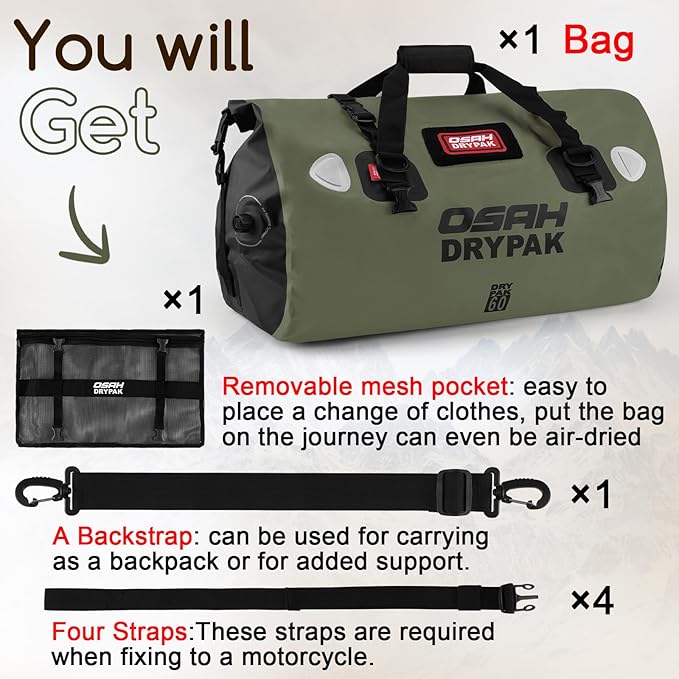 Waterproof Duffel Bag - Motorcycle Dry Bag Tail Bag with Large Storage Space, Waterproof Luggage Duffle Bags with Outer Mesh Zipper Pocket for Camping, Kayaking, Fishing & Traveling-StrideForce Fitness