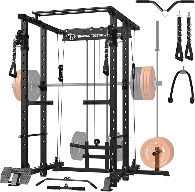 Mikolo Power Cage, 1500lbs Power Rack with LAT PullDown and Cable Crossover System, Squat Rack with Pulley System, Weight Cage for Home Gym with Training Attachments-StrideForce Fitness
