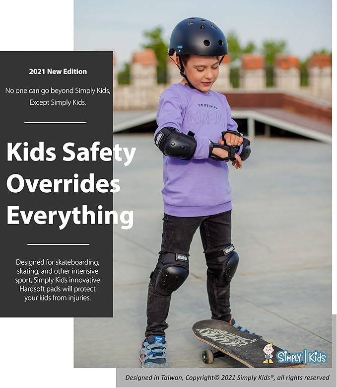 Simply Kids Knee and Elbow Pads with Wrist Guards, HardSoft Pad Tech. - CPSIA Certified Protective Gear Set - Inline Roller Skate Skateboard Bike Knee Pads for Kids Child Girls Boys Toddler Youth-StrideForce Fitness