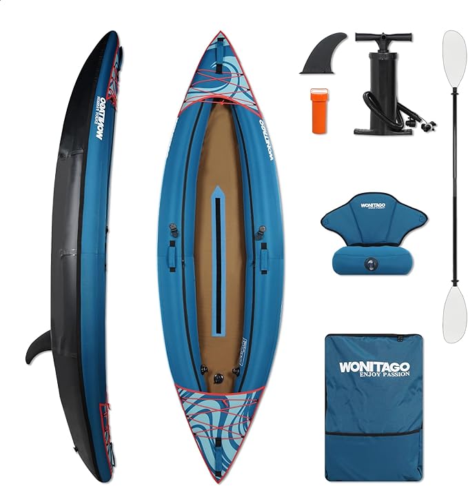Inflatable Kayak, Portable Ripstop Oxford Cloth Recreational Touring Kayak with Fiberglass Kayak Paddle, Hand Pump and Carrying Bag, 1/2 Person-StrideForce Fitness