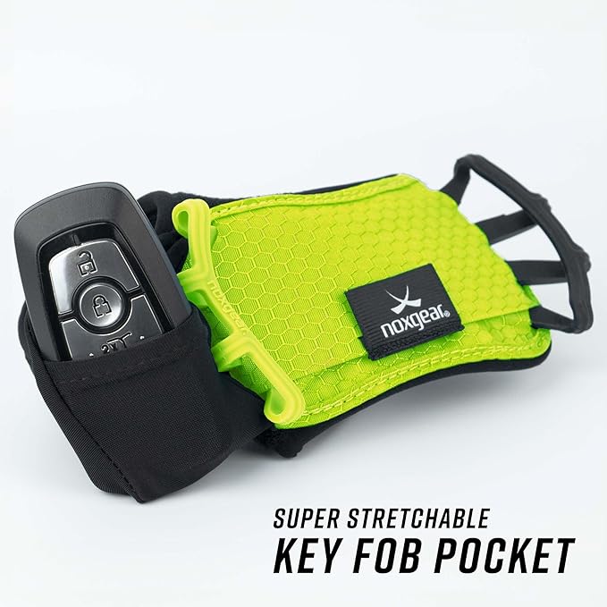Noxgear Hand Held Phone Holder - Handheld Grip Phone Holder with Key Fob & Card Slot for Running, Jogging & Working Out - Compatible with All Phones - Machine Washable (Lime, Left Hand)