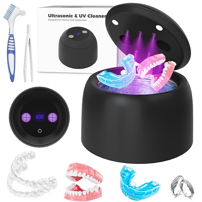 Upgraded Ultrasonic Retainer Cleaner Machine, 45kHz Dental Cleaning for Jewelry, Watch Strap, Night Guards, Toothbrush, Mouth Guards, Aligner, Braces,Denture Cleaners with Digital Timer, 200ML (Black)