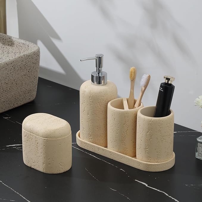 Bathroom Accessories Set, 5PCS Modern Bathroom Accessory Set with Soap Dispenser, Mouthwash Cup & Toothbrush Holder, Qtip Holder, Tray