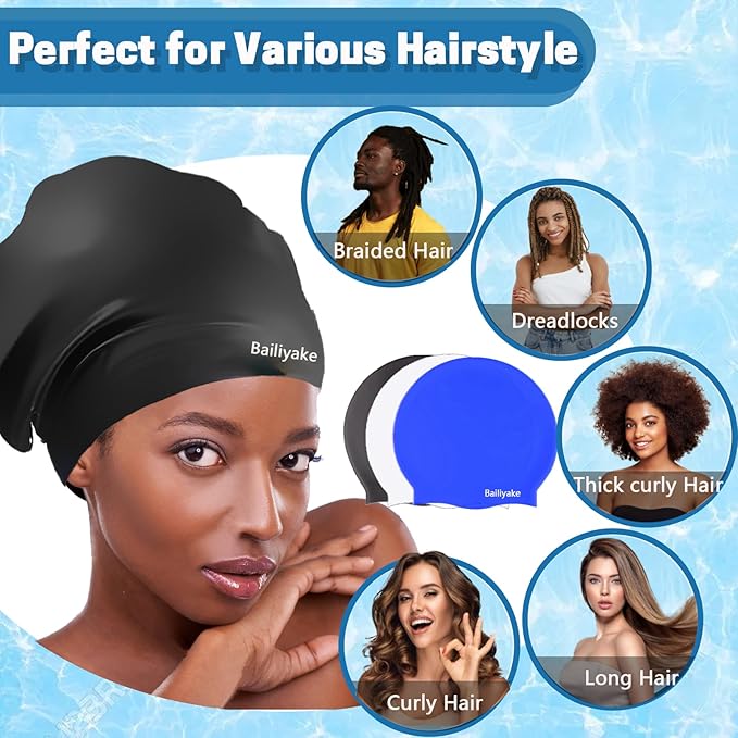 3 Pack Extra Large Swim Cap for Braids & Dreadlocks - Waterproof Silicone Swim Hat for Women with Long Thick Hair, Protective Swim Cap Cover Ears for Swimming, Shower, Bathing-StrideForce Fitness