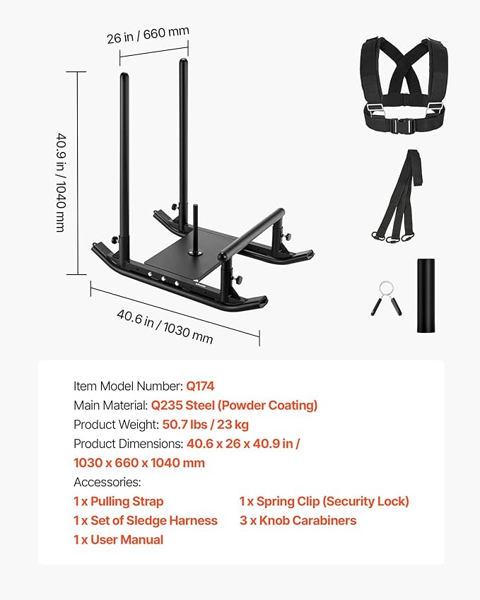 VEVOR Weight Sled, Steel Power Sled, Fitness Strength Training Sleds for Athletic Exercise Speed Improvement, Workout Fitness Equipment with Handle, Compatible with 1/2 in Weight Plates, Black-StrideForce Fitness