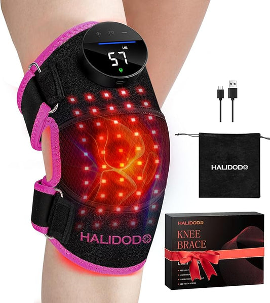 HALIDODO Red Light Therapy & Vibration Massage Knee Brace - Wireless Rechargeable Controller, 660nm&850nm Red Light Therapy Heated Device for Knee/Joint/Elbow/Shoulder Pain Relief, Rose Pink.-StrideForce Fitness