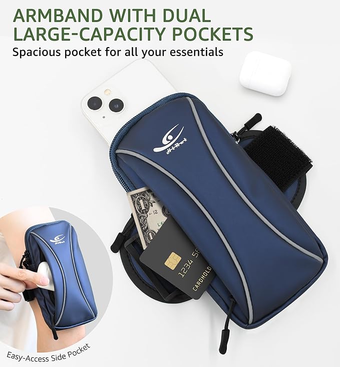 HiRui Arm Bag & Wrist Bag Phone Holder, Sports Running Armband for Gym, Cycling & Workout, Compatible with iPhone 16/15/14 Series, Samsung Galaxy & More, Reflective, Adjustable, Secure Fit (Blue)-StrideForce Fitness