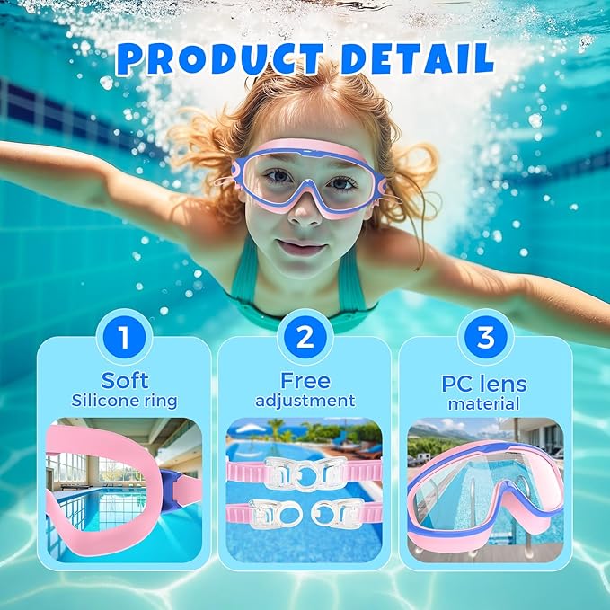 Swim Goggles for Kids 3-15 with Earplugs Large Frame Anti-Fog/UV Swimming Goggles for Boys Girls Toddler 2PCS-StrideForce Fitness