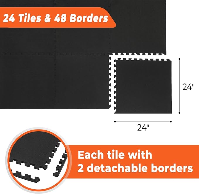 SUPERJARE 0.4'' Thick 24 Pcs 96 Sq Ft Rubber Top Exercise Equipment Mats, High Density EVA Foam Mats with Rubber Top, Interlocking Gym Flooring for Home Gym, Protective Workout Mat, Black-StrideForce Fitness