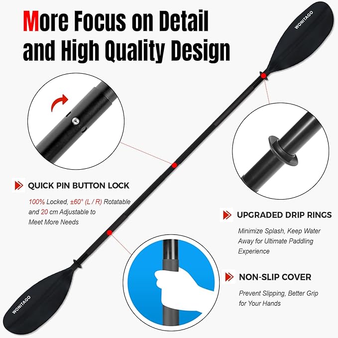 Kayak Paddles with Alloy Shaft and PP Blade, Floating Kayaking Oars, Adjustable 230-250 cm/90-98 Inches, 210-230 cm/82-90 Inches-StrideForce Fitness