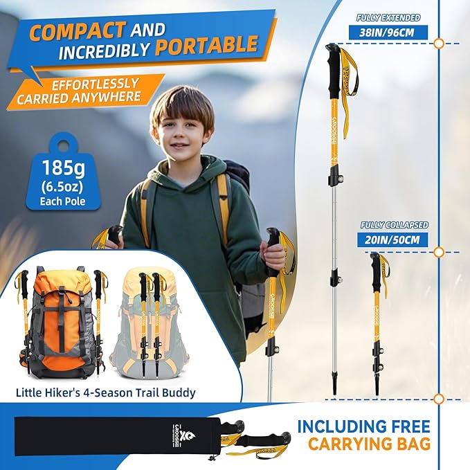 Lightweight Collapsible Kids Hiking Poles - Retractable Kids Hiking Stick, Telescoping Aluminum Trekking Poles 2 Pack, Adjustable Kids Ski Poles by Croosse-StrideForce Fitness