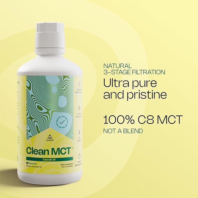 LevelUp Clean MCT Oil - 100% Caprylic C8 for Energy, Focus, Weight Management, Gut Health, Brain Superfuel - Keto Supplement for Ketogenic Coffee and Ketones - Non-GMO (32 oz)-StrideForce Fitness