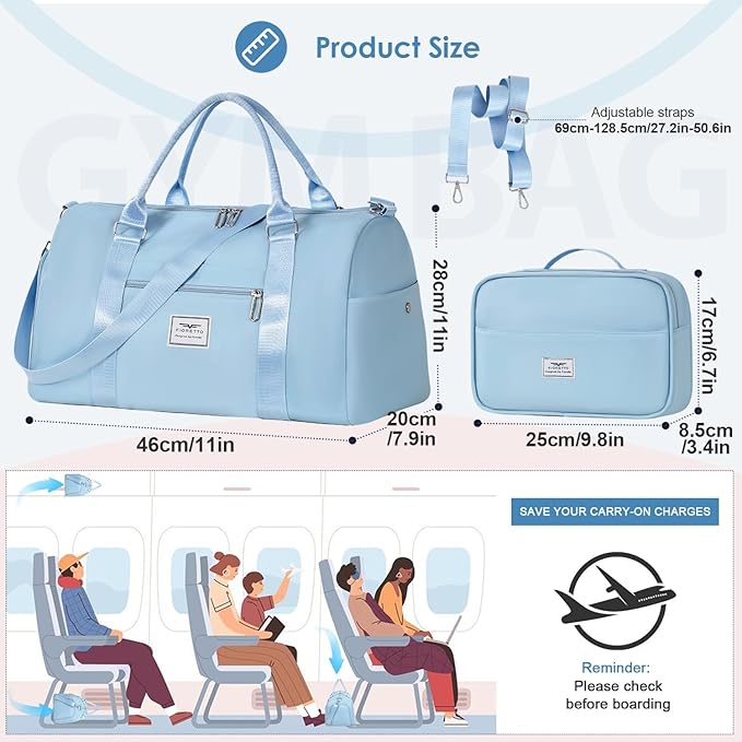 FIORETTO Womens Gym Tote Duffle Bag with Toiletry Bag, Sports Duffel Overnight Hospital Workout Carry on Bag for Girls with Wet Pocket & Shoe Compartment, Ideal for Travel, Swimming, Dance Light Blue-StrideForce Fitness