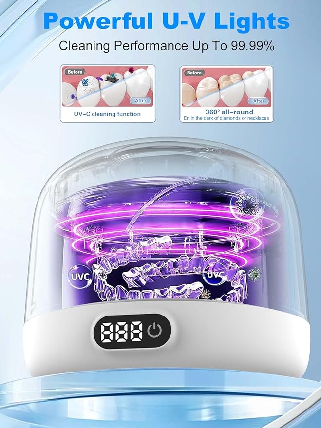 Voraiya Ultrasonic Retainer Cleaner IPX7 Waterproof Base and Denture Pod Ultra Sonic Cleaner Machine for Aligner, Retainers, Mouth Guards, Night Guards, Dental Trays Braces, Toothbrushes