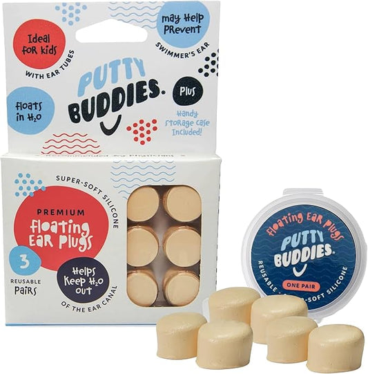 Earvolution Floating Putty Buddies Ear Plugs for Swimming - Invented by an Ear Physician - Moldable, Premium, Silicone - Floats on Water - Waterproof - Made in The USA- 3 Pack - Tan-StrideForce Fitness
