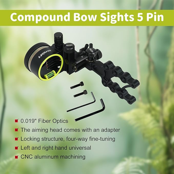 Archery 5-Pin Bow Sight - 0.019" Fiber, Brass Pin, Aluminum Machined - Right and Left Handed, with Hi-Vis Level for Archery, Hunting, Shooting-StrideForce Fitness