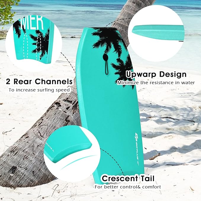 KOTEK 33/37/41 Inch Body Board with Wrist Leash, EPS Core, Dual Channel, HDPE Slick Bottom, Bodyboard for All Skill Levels & Wave Conditions-StrideForce Fitness