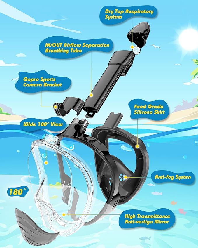 QingSong Kids Snorkel Mask Full Face, Snorkeling Set with Camera Mount, Foldable 180 Degree Panoramic View Snorkeling Gear Anti-Fog Anti-Leak-StrideForce Fitness