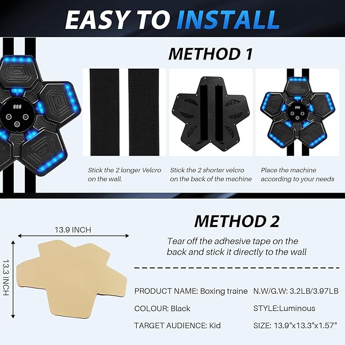 Music Boxing Machine, Bluetooth Music Punching Machine with Gloves, Electronic LED Boxing Training Equipment Wall Mounted, 9 Modes & 9 Speeds, Boxing Target for Home, Office, Gym-StrideForce Fitness