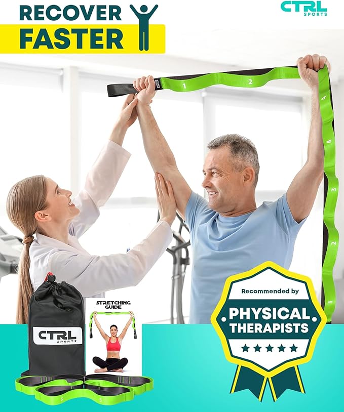 Stretching Strap with Loops - Non Elastic Stretch Band for Physical Therapy, Yoga Strap for Stretching Equipment, Stretch Bands for Exercise and Flexibility - Fascia, Hamstring & Leg Stretcher Belt-StrideForce Fitness