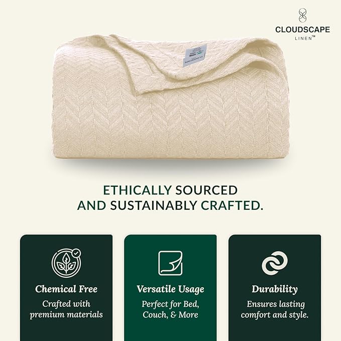 Cloud Scape Linen 100% Cotton Queen Size Blanket, Herringbone Pattern, Lightweight Summer Blanket,Best Gifts for Women, fits Full Size Bed, 92 x 92, Ivory-StrideForce Fitness
