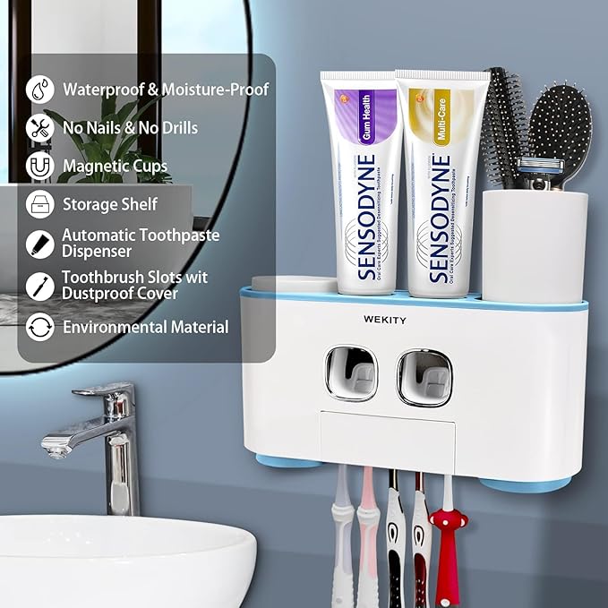 Toothbrush Holder Wall Mounted, WEKITY Multi-Functional Toothbrush and Toothpaste Dispenser for Bathroom, with 5 Toothbrush Slots, 2 Toothpaste Squeezers and 4 Cups(Blue)