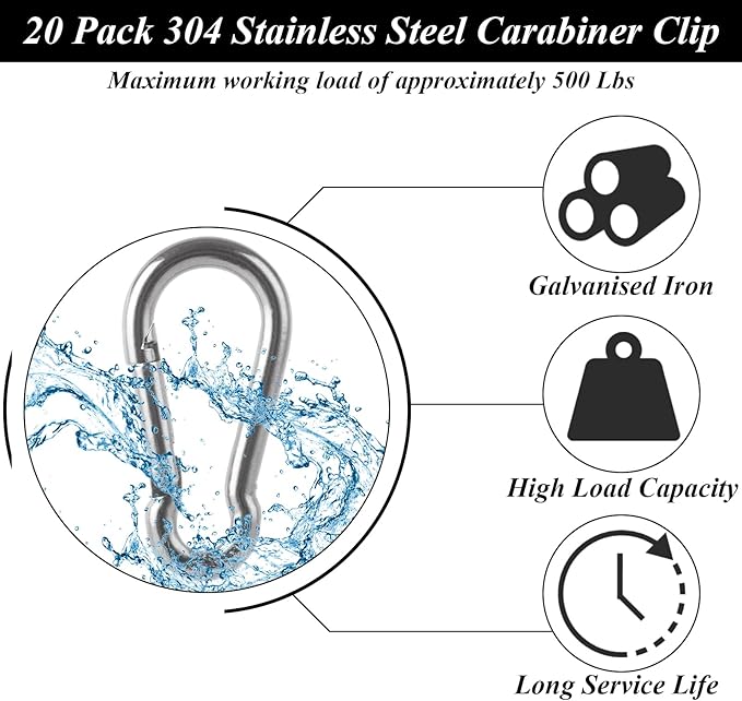 MIVIDE 20 Pack M8 x 3-1/8 inch Carabiner Clips Spring Snap Hook, 304 Stainless Steel Heavy Duty Snap Hooks Carabiner Quick Link Clip for Camping Hiking Traveling Outdoor Swing Gym, 500Lbs Capacity-StrideForce Fitness