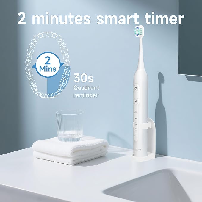 PERECT Sonic Electric Toothbrush for Adults & Kids with 6 Brush Heads, 1 Charge for 90 Days, IPX7 Waterproof, 5 Modes with 2 Minutes Smart Timer, Travel Case & Dental Soft Picks, White,Adult