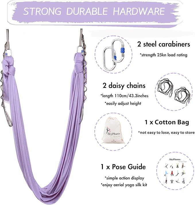 5.5 Yards Aerial Silks Yoga Swing Set - Aerial Yoga Hammock Kit Anti-Gravity Flying for Fitness, Low/Non Stretch Nylon Tricot Fabric Hardware Included for Dance-StrideForce Fitness