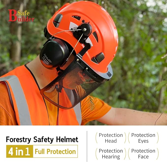 Forestry Safety Helmet with Build-in Visor Mesh Face Shield Ear Muffs 4 in 1 Chainsaw Safety Hard Hats-StrideForce Fitness