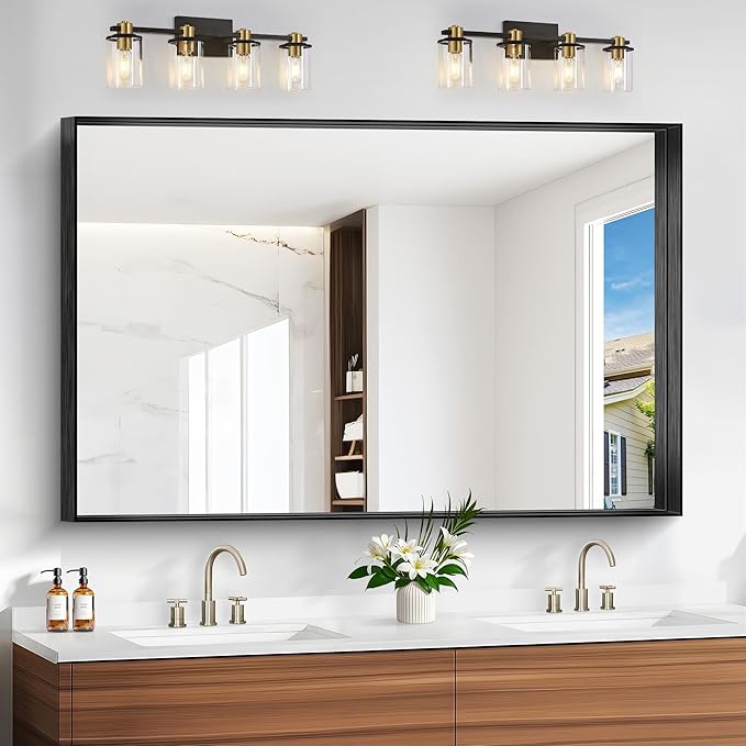 Black Bathroom Mirror, 36x55 Inch Rectangular Deep Frame Mirror, Large Wall Mounted Bathroom Vanity Mirror Over Sink for Bedroom,Restroom, Living Room, Hangs Vertically or Horizontally-StrideForce Fitness