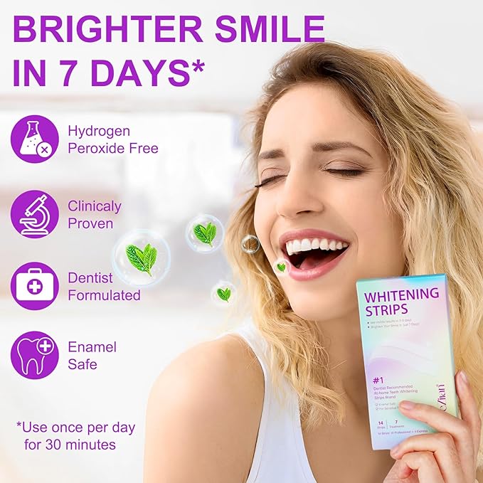 Teeth Whitening Strips,7-Day whitening Strips,Peroxide Free,Sensitive Teeth Whitener,Enamel Safe for Whiter Teeth,Deep Stains Removal,nstant Teeth Whitening Without The Harm (28pcs)